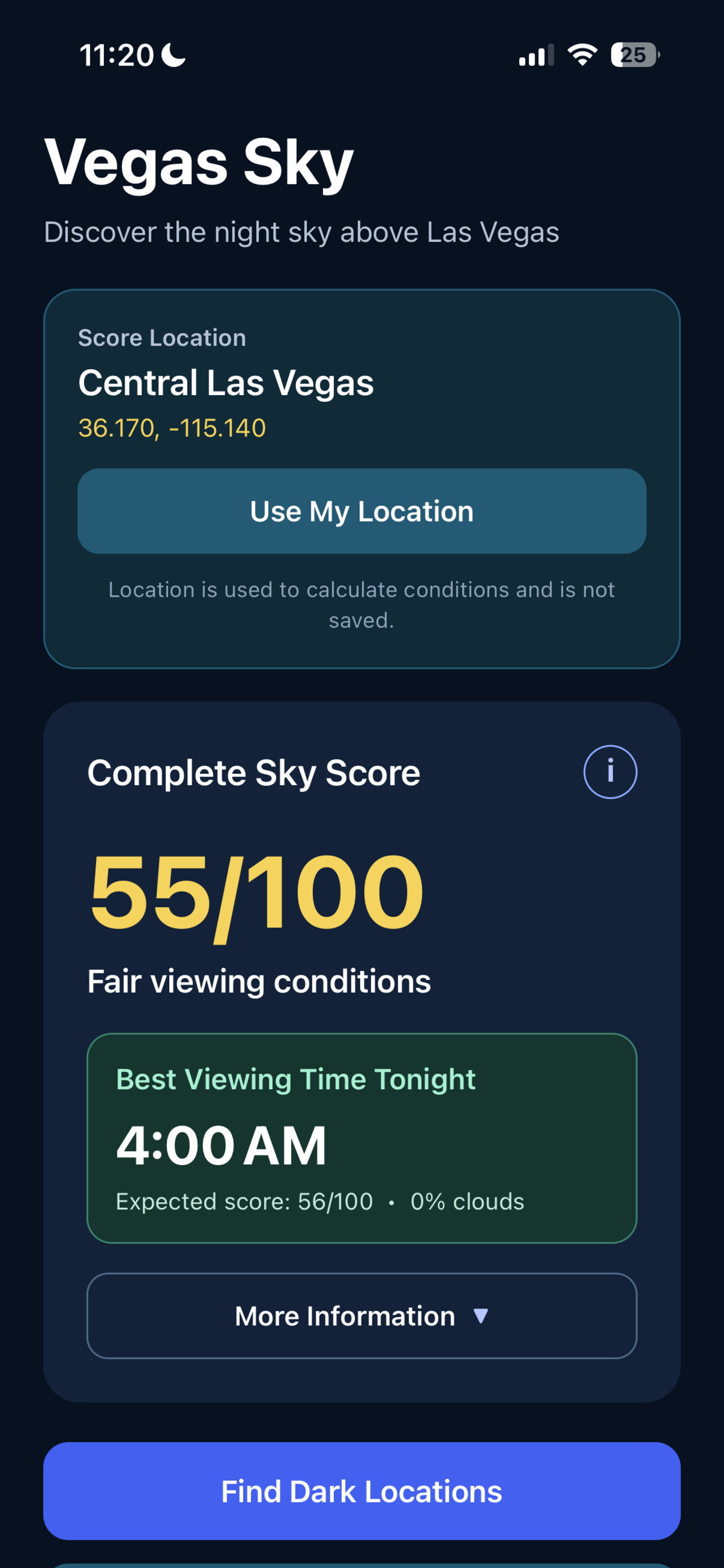 Vegas Sky home screen showing a Sky Score and the best viewing time tonight